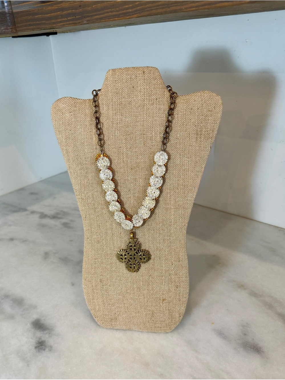Bittersweet Designs 18” Crystal Bead Statement Necklace w Gold Cross Pendant